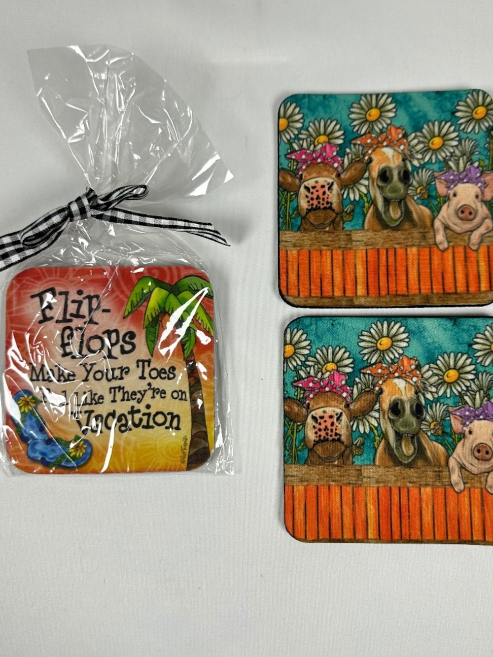 Coasters Neoprene, 2 Daisy Farm Animals and 1 Flip Flip Toes Vacation Orange